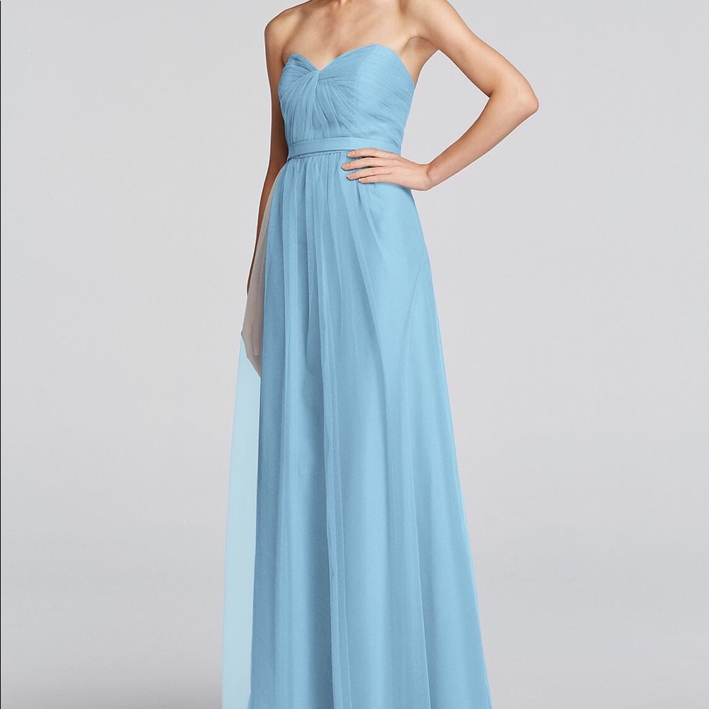David’s bridal light blue long braid maid dress.